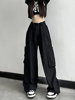 Уличная одежда Y2K, брюки-карго с большим карманом, женские винтажные брюки-парашюты Harajuku, эластичный пояс, однотонные повседневные широкие брюки