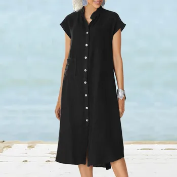 Хлопковое льняное Женское черное платье на пуговицах для отдыха, летний кардиган, винтажный воротник-стойка, однобортные пляжные платья-рубашки с карманами