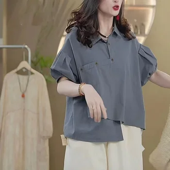 Хлопок нерегулярные рубашки и блузки 2023 лето Новая Женская одежда корейская стильная пузырь рукав свободный тонкий косой пряжка популярные женщины