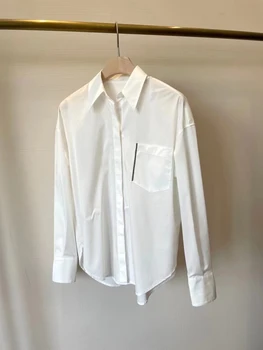 Хлопчатобумажная Белая женская рубашка Повседневная блузка с длинным рукавом Женская мода 2023 Топы с отложным воротником Высококачественная американская уличная одежда