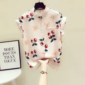 Шифоновая рубашка с вишневым принтом, Весенне-летняя модная блузка 2023, Блузка с коротким рукавом и отложным воротником для женщин, рубашка в корейском стиле