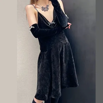 Элегантные Черные бархатные платья на бретелях с драпировкой, Свадебное тонкое платье трапециевидной формы, Корейский бренд, мода 2023