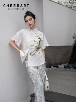 Эстетичная Текстура с оборками CHEERART, Белые Рубашки и блузки на пуговицах, Топ с коротким рукавом для женщин, Роскошная дизайнерская одежда 2023 года.