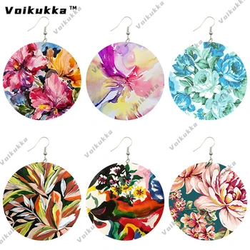 Ювелирные изделия Voikukka, круг 6 см, двусторонняя печать, цветы, деревянная подвеска в стиле кантри, висячие модные серьги для женщин