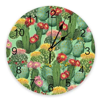 Кактусовое растение Цветок Акварель Декоративные Круглые Настенные часы Индивидуальный дизайн Не Тикающие Бесшумные Спальни Большие Настенные часы